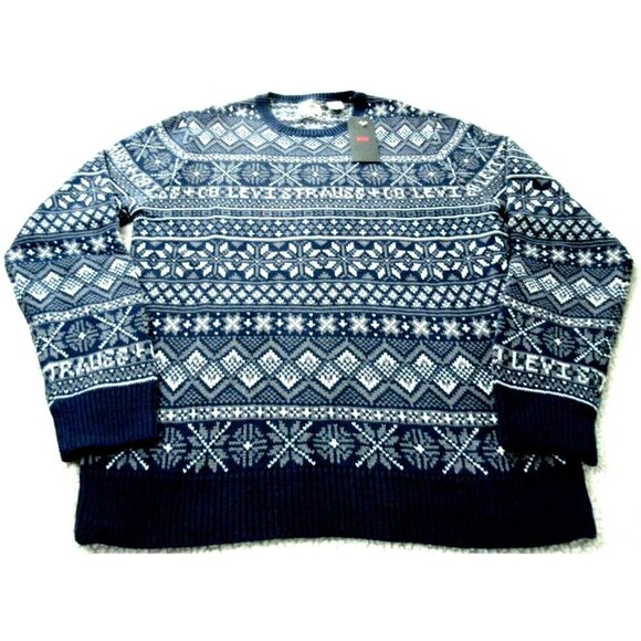 Levi's Men's Cotton Blend Holiday Blue Logo Crew Neck Sweater Size Medium NWT - Picture 1 of 5